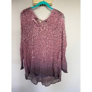 Lucky Brand XL Boho Sheer Blouse Pink Purple Ombré Floral Peasant Top